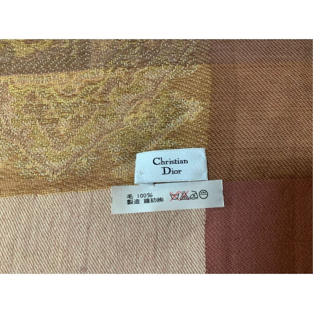 Christian Dior Square Wool Stole Tassel Scarf Tan and Pink - Picture 5 of 9